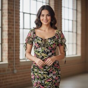 Floral Midi Dress with Puff Sleeves